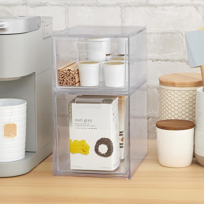 STORi Audrey Stackable Clear Bin Plastic Organizer Drawers | 2 Piece Set | Organize Cosmetics and Beauty Supplies on a Vanity | Made in USA (Pack of 3)