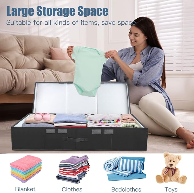 Supowin 2Pack Large Underbed Storage Containers Bin with Lids, Black | 6 Inches Tall Under Bed Storage Organizer Box with Handles, Foldable Closet Organizer for Clothes, Blankets, Seasonal Items