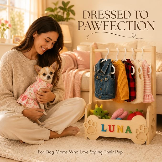 Dog Closet for Small Dogs, Wooden Clothes Rack with 10 Hangers & Toy Bin | Pulchrum personalized DIY name plate, pet apparel organizer for Chihuahua, Yorkie & Pomeranian, pet-parent gift, puppy stand
