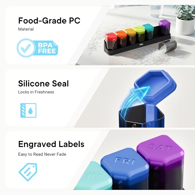 Medium-Large Weekly Pill Organizer 1 Time a Day, Multi-Colored | BPA-Free, Spill-Resistant, Detachable 1-a-Day Boxes, for Vitamins & Medication, Travel-Friendly, Velvet Pouch