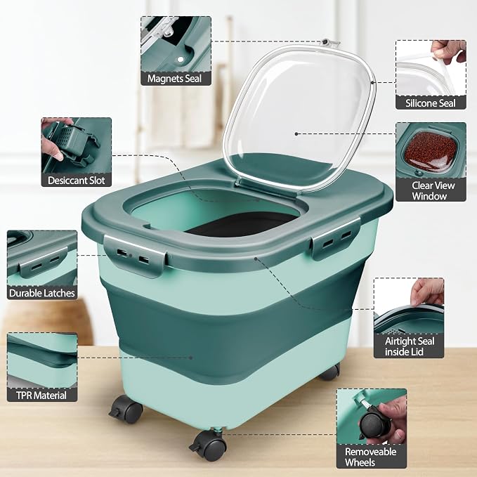 Viretec Dog Food Storage Container, 10-20Lbs Collapsible Pet Food Storage Containers with Rolling Wheel Airtight Locking Lid, Dry Food Storage Bin with Cup and Scoop,Suitable for Pet Food, Flour, Rice