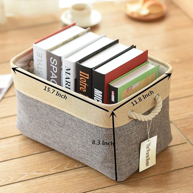 Storage Basket - 15.7L×11.8W×8.3H 1 Pack Large Baskets for Organizing Shelves, Storage Bins for Clothes Book Shelf Home Fabric Storage Cubes (Gold and Grey)