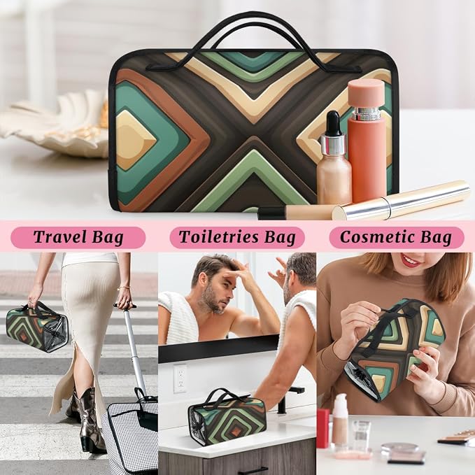 Geometric Shapes Makeup Bag for Women Hanging Roll-Up Travel Organizer Toiletry Kit with 4 Removable Compartments, Mid Century Modern