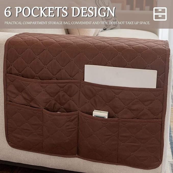 Sofa Armrest Organizer Waterproof Armchair Caddy for Couch Holder Recliner Non Slip with 6 Pockets Magazine Covers Chairs Sofas Arm Twist Pin Furniture Protector Slipcovers(Coffee)