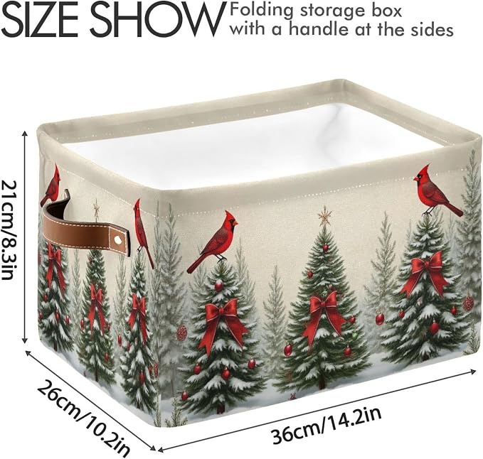 Christmas Tree Cardinals Birds Storage Basket with Waterproof Liner and PU Handles Winter Xmas Tree Bow Storage Bins Boxes 14.2" Collapsible Decorative Organizer Baskets for Bedroom Office 2 Pack
