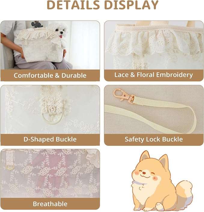 ONECUTE Dog Carrier for Small Dogs Rabbit cat with Lace Design, Cotton Bag, Dog Carrier Soft Sided, Collapsible Travel Puppy Carrier (Beige, 13" L x 6.7" W x 10.6" H)