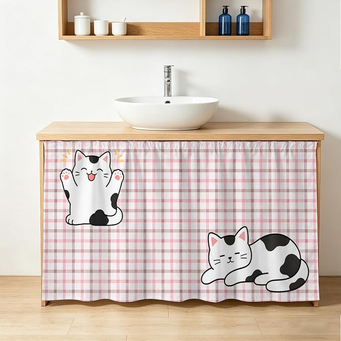 Cute Cat Sink Skirt for Bathroom, Self-Adhesive Under Sink Curtain, Pink Brown Checked Modern Pet Cats Rustic Hide Pipes & Storage Fabric Cabinet Skirt Cover for Kitchen Laundry 32"x55"