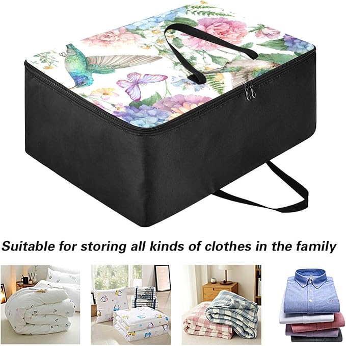 Comforter Storage Bags Large Folding Blanket Organizer Bag with Strong Handles Clear Window Closet Storage Containers for Clothes King Queen Pillows Bedding Quilt Duvet White Hydrangeas and Hum