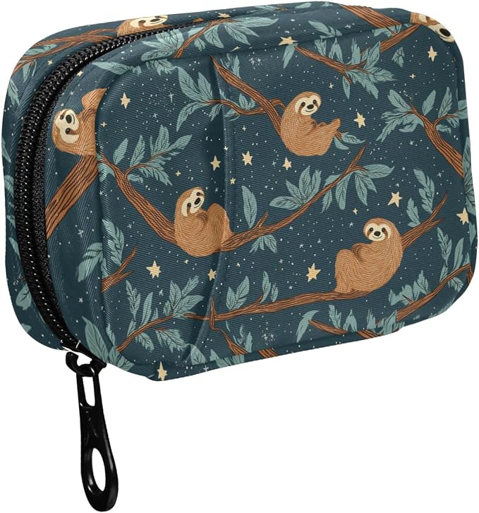 Fustylead Cute Brown Sloths on Branch and Stars Travel Pill Organizer Case Zipper for Purse with Removable Weekly Pill Box for Medicine, Vitamin, Supplement Medicine Organizer