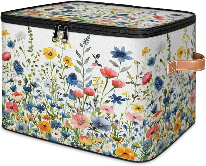 Pardick Storage Bin Spring Floral Storage Baskets with Zipper Lid & Handle Foldable Closet Shelf Cloth Organizer Basket Cube Bins Clothes Organizer for Nursery, Bedroom