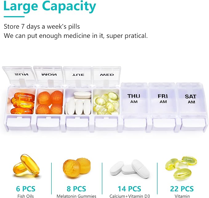 Large Pill Boxes and Organizer 2 Times a Day, MOLN HYMY 7 Day AM PM Pill Case, 14 Compartments Pill Dispenser to Hold Big Vitamin Supplements Fish Oil (Black+White)
