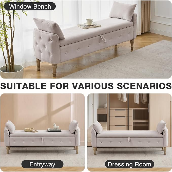 67"End of Bed Storage Bench King Size,Upholstered Bedroom Bench,Khaki | Linen Storage Bench for Bedroom End of Bed ,2 Cushion, Vintage Wood Legs ,Tufted,Storage Ottoman Bench for Entryway Window