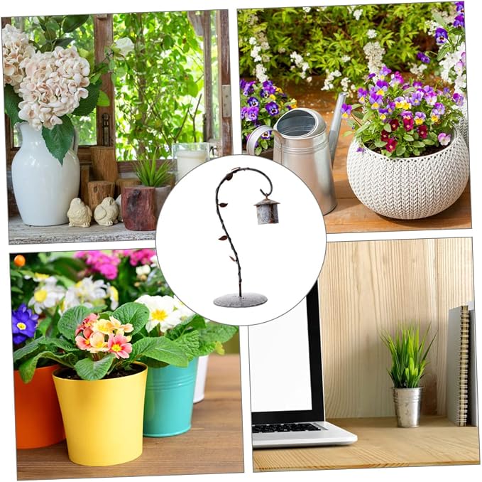 Vaguelly Rustic Iron Hook Hanging Rack with Round Base for Micro Landscape Bird Hut Decor Stable Desktop Stand Holder for Tabletop Windowsill Garden Balcony Display