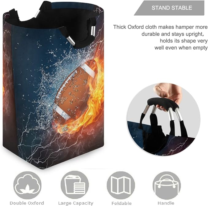 visesunny Cool American Football 3D Print Large Capacity Laundry Hamper Basket Water-Resistant Oxford Cloth Storage Baskets for Bedroom, Bathroom, Dorm, Kids Room