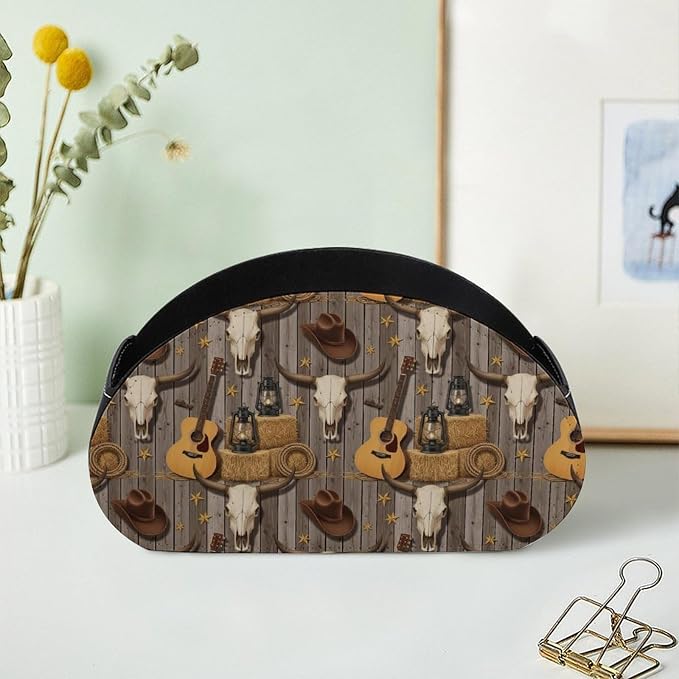 TV Remote Control Holder Cowboy Skull Cactus 5 Compartment Table Organizer | PU Leather Desktop Caddy Box, Western Skull Cowboy Cow Hat Boots Guitar Cactus, for Media Player, Stationery Accessories