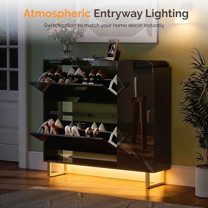 VINGLI Black Shoe Cabinet with LED Lights, Narrow Shoe Storage Organizer with 2 Flip Drawers & Side Cabinet for Tall Boots, Slim Entryway Hidden Shoe Rack Space Saving, Modern High Gloss, 42"