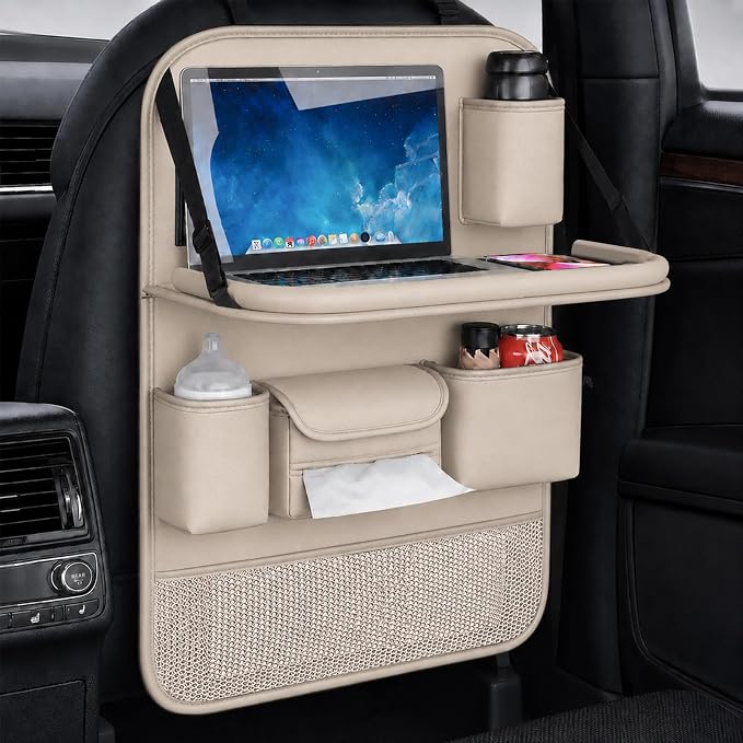 Universal Foldable Car Backseat Organizer with Table Tray, Car Seat Back Protector with Touch Screen Phone Holder, Premium Leather Kick Mats with Storage Pockets Tissue Holder (Beige)