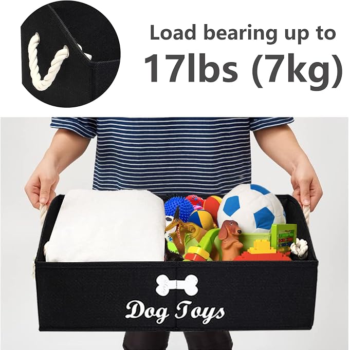 Large Dog Toys Storage Bins - Foldable linen Trapezoid Organizer Boxes with weave Rope Handle, Collapsible Basket for Shelves (Black-DOG)