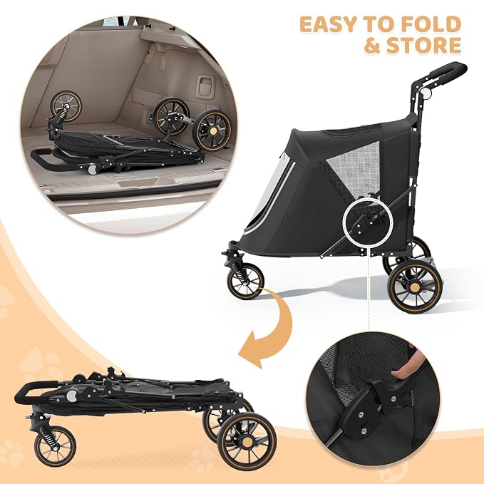 Magshion Pet Stroller for Medium Large Dog, 3-Wheel Foldable Jogger, Black | All-Terrain with Adjustable Handle, Dual Entry, Rear Storage, Breathable Mesh, One-Foot Brake, Up to 55 lbs