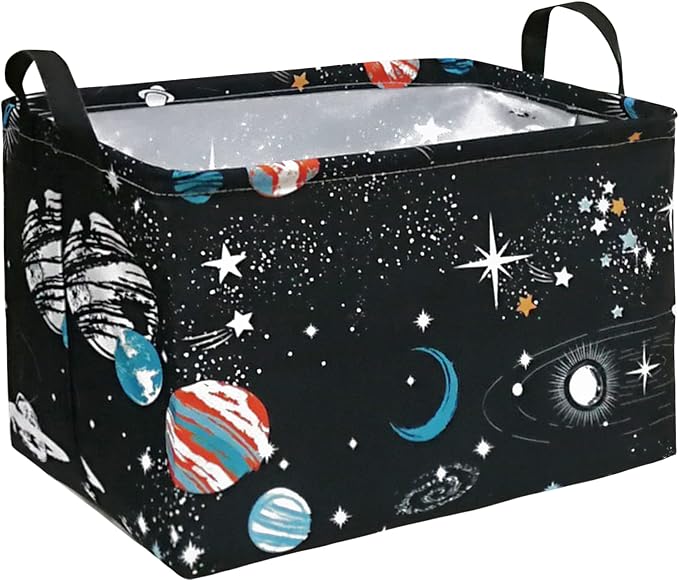 Storage Basket Home Shelf Basket Kids Organizer Box Clothes Laundry Hamper Nursery Bin Gift Laundry Basket with Handles for Home (Black Planet)