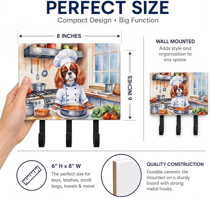 Caroline's Treasures Cavalier Spaniel The Chef Leash or Key Holder Wall Hooks, Key Hooks Holder, Coat Rack Wall Mount, Coat Hooks, Hooks for Hanging Keys, Towels, Aprons, Leashes | Cavalier Spaniel The Chef artwork on ceramic tile with three steel hook...