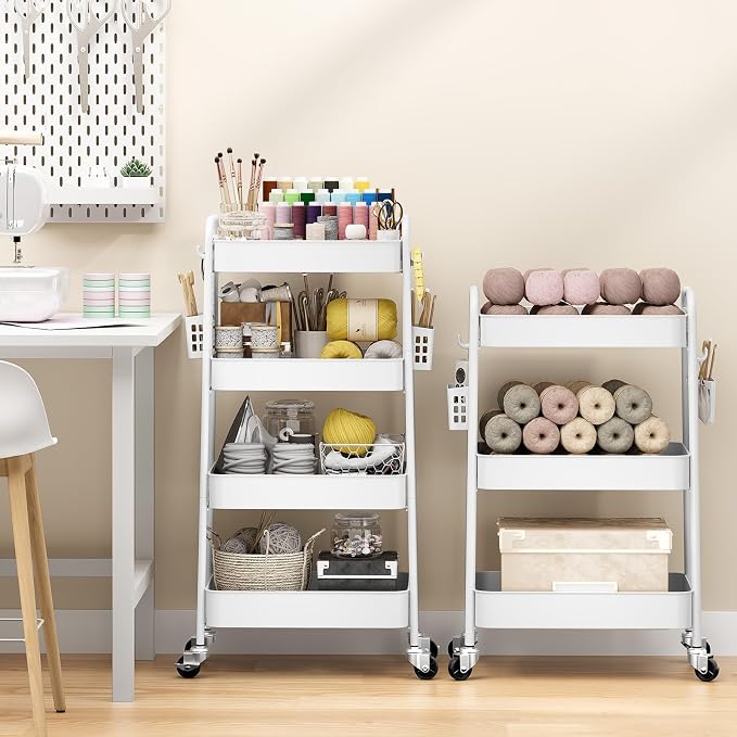 TOOLF 4 Tier Rolling Cart, Metal Utility Storage Cart with Pegboard, White | 2 Bins & 4 Hooks, Screwless Assembly, Lockable Wheels, Trolley Organizer for Bathroom, Kitchen, Office, Dorm, Craft Room