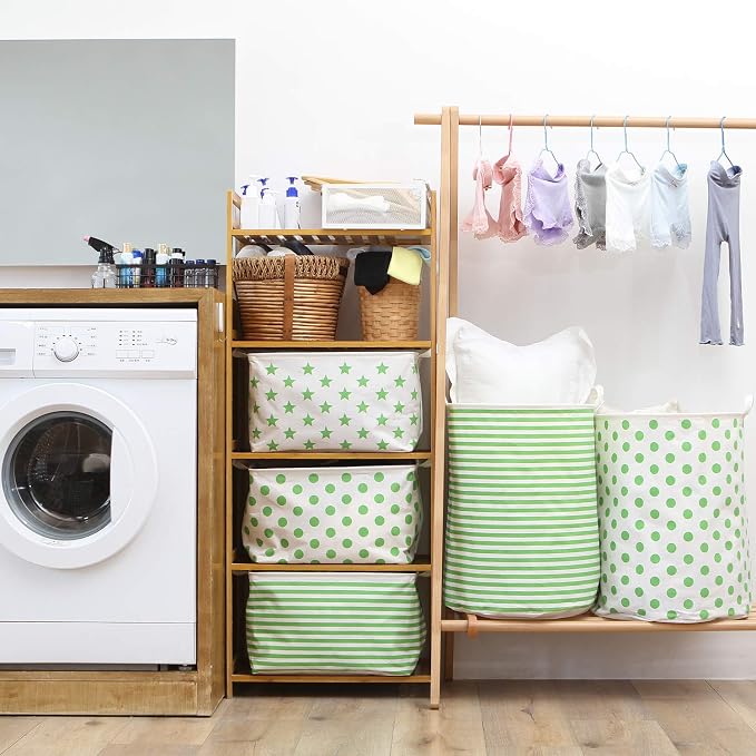 Sea Team Large Canvas Laundry Basket with Handles, Green Stripes | Collapsible Fabric Laundry Hamper, Closet Shelf Organizers, Containers for Clothing, Blankets, Toys, Bedding, 19.7 x 15.7”