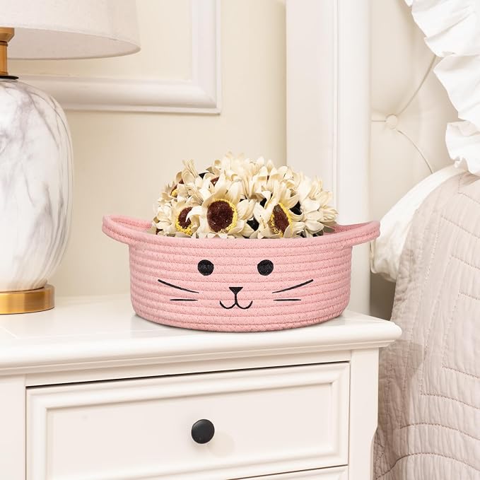 Small Woven Rope Cat Toy Basket with Cat Face Design, Pink | 9.8" x 4" Cute Toy Storage Bin for Girls' Living Room & Nursery, Baby Gift Baskets Empty with Sturdy Handles