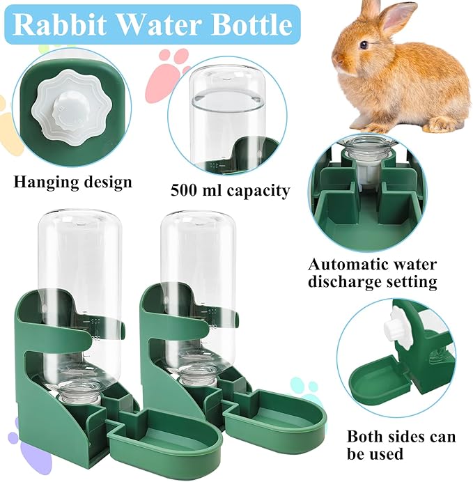 kathson 2 PCS Rabbit Water Dispenser for Cage 17 Oz Hanging Guinea Pig Water Bottle No Drip Gravity Automatic Bunny Water Bottle No Leak Small Animal Water Bottle for Chinchilla Ferret Hamster（Green）