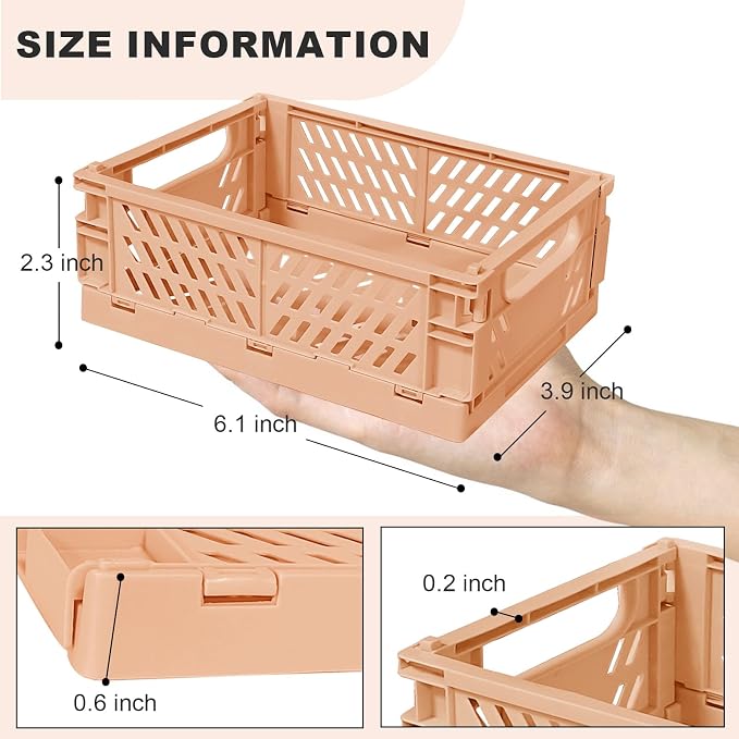 Tobeso-Nuoze Mini Pastel Plastic Storage Baskets 2 Pack, Collapsible Crates | for Organizing, Space-Saving Bins for Kitchen, Office, Bedroom (Orange, Small: 5.8"x 3.8" x 2.2")