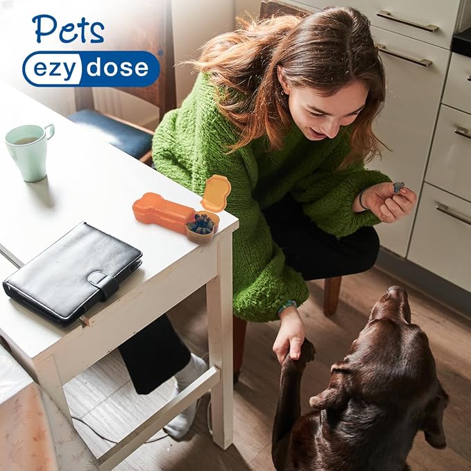 Ezy Dose Pets Dog Bone Pill Case, 3 Large Compartments, Orange | Medicine Planner, Vitamin Organizer Box for Dogs, Easy to Use, Transparent Lids, Convenient for Treats
