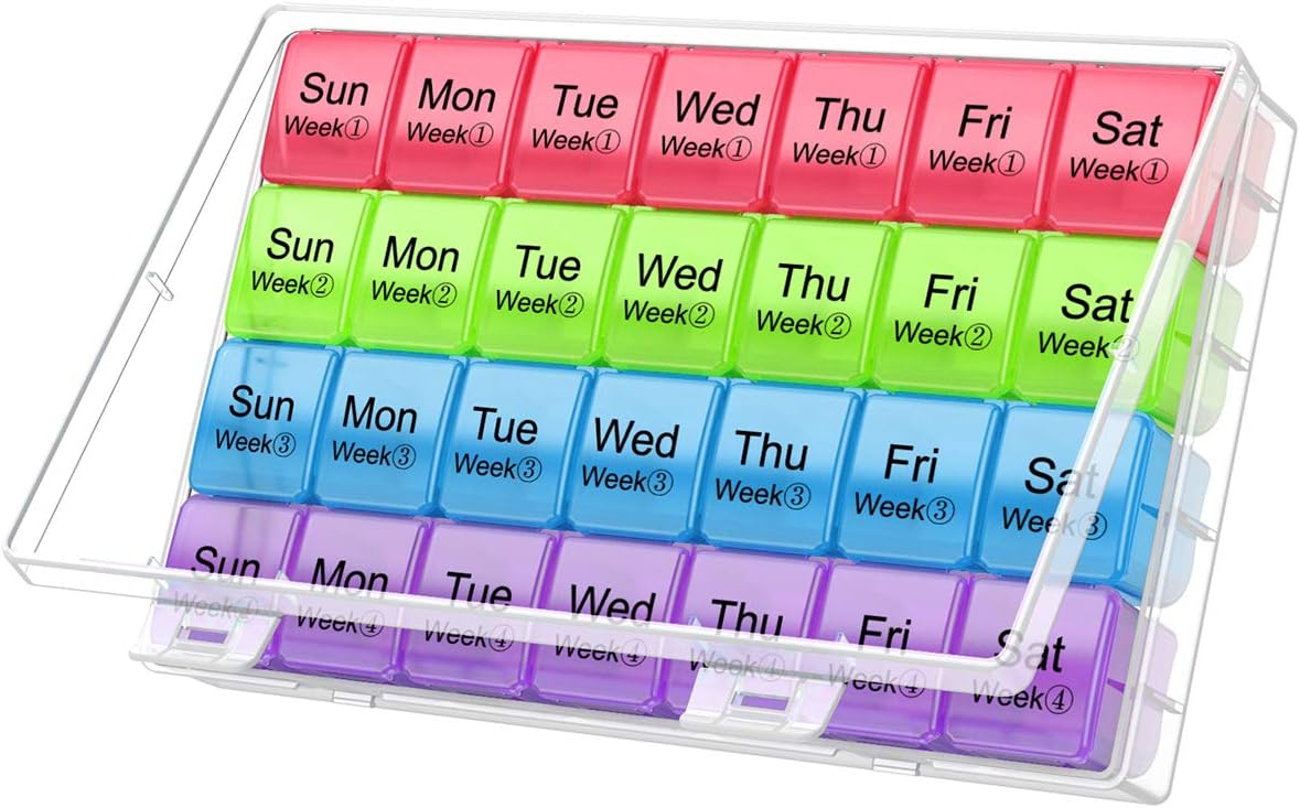 Large Monthly Pill Organizer 28 Day Medication Organizer Storage by Week,Extra Large Compartments Dust-Proof Pill Case Medication Reminder Travel Container for Vitamins/Fish Oil/Supplements
