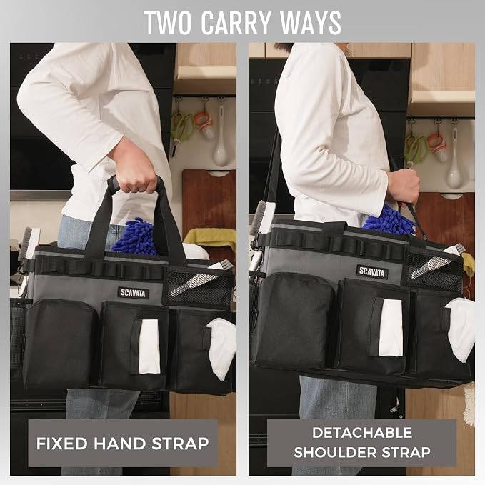 SCAVATA Wearable Cleaning Caddy Bag, Portable Cleaning Supplies Organizer | Cleaning Tool Storage with Handle & Shoulder Straps for Housekeepers, 4 Foldable Dividers, Home & Car Use, GraphiteGrey