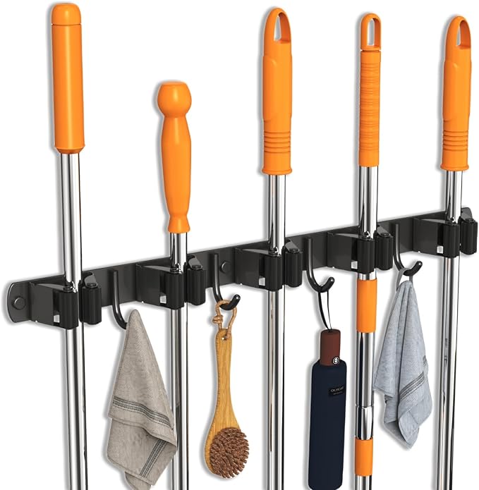 CUXIXA 2 Pack Mop and Broom Holder Wall Mount, Non-slip Broom Hanger Wall Mount, Heavy Duty Mop Broom Organizer for Kitchen Garden Garage Laundry Room Wall Decor Organization and Storage Black 5R4H