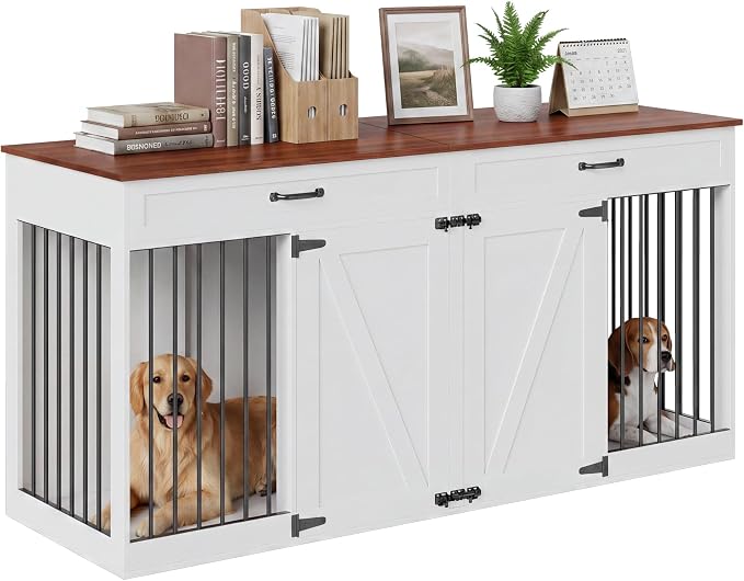 71'' Double Dog Crate Furniture for 2 Dogs, Dog Crate with 2 Drawer, Farmhouse Dog Crate with Removable Divider Dog Kennel Furniture, Heavy Duty Dog Cage and TV Stand for Large Medium Dogs