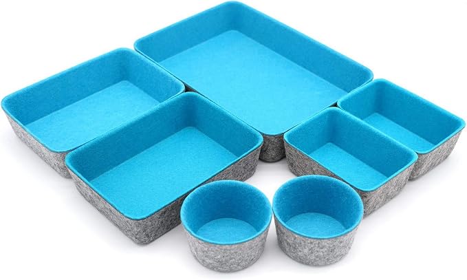 Welaxy Drawer organizers bins felt tray desk storage bins dividers small organizing box for office supplies closet cabinet makeup holder Fall room decor 7-piece (Turquoise)