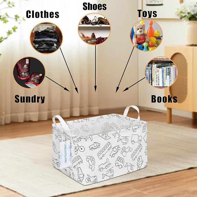 Rectangular Collapsible Vehicle Storage Basket Nursery Organizer | Storage Bin Foldable Canvas with Handles for Organizing Home Kitchen Children Toys Office Closet Shelf Baskets