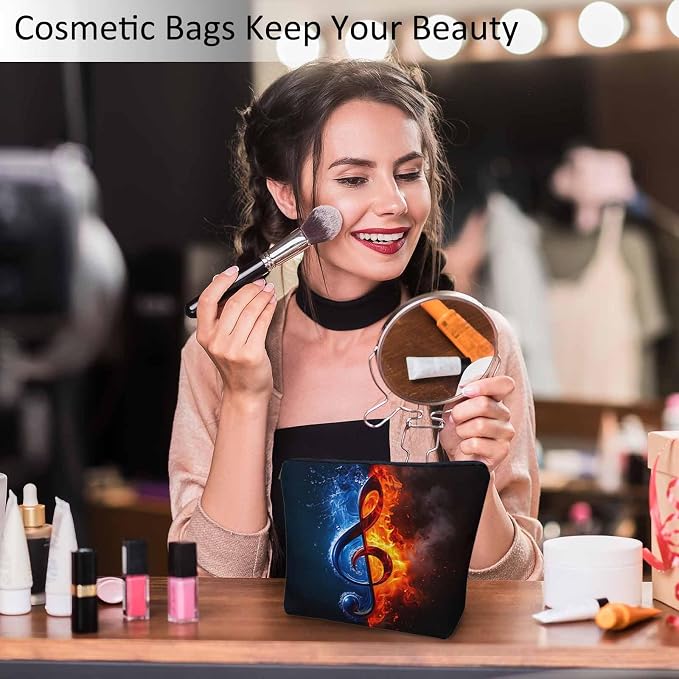 Treble Clef Cosmetic Travel Bag - Music Note Makeup Bag for Toiletry Items, Flax Material, Birthday Gift