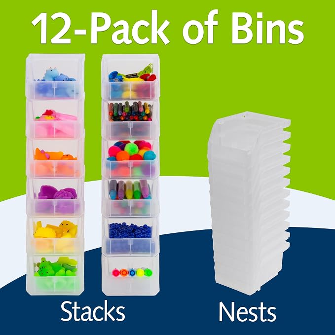 Plastic Containers for Organizing and Storage Bins for Drawers, Desks, Office Organization, and Garage, Stackable Bins, Extra-Small (3" x 5" x 4"), 12-Pack, Clear