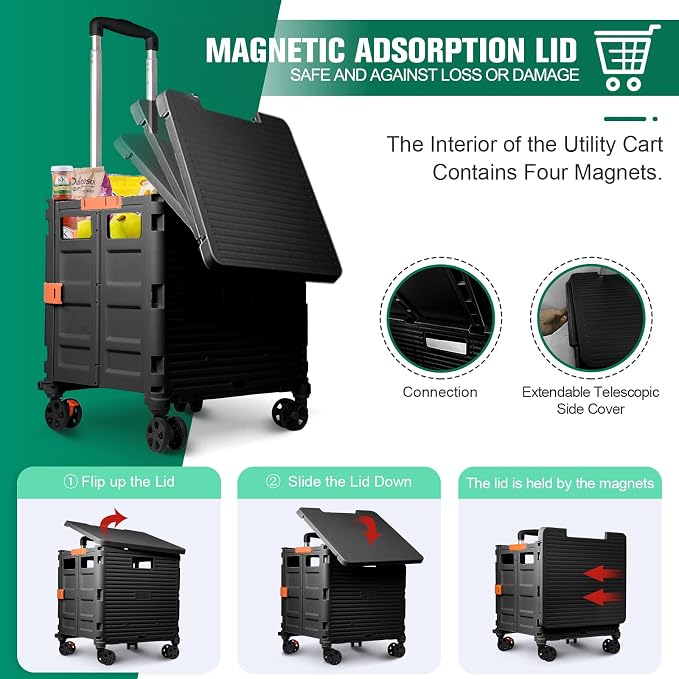 FELICON SELORSS Folding Utility Cart Portable Rolling Crate Handcart-Black | Magnetic Sliding Lid,Telescoping Handle,Plastic Box Dolly,360°Swivel Wheels for Travel Shop Move Laundry Office Teacher Use