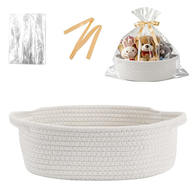 Basket for Gifts Empty, Small Woven Basket with Bags and Ribbons, Baby Toy Baskets with Handles, Wicker Storage Bin for Baby Showers or Pet Toy (Pure White, 1 Pack (12"x 8"x 3.74"))