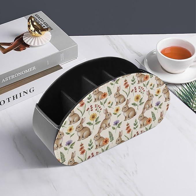 Desk Remote Control Holder Organizer Cute Rabbit Bunnypattern 5 Compartment | Remote Caddy Box, Cute Rabbit Bunnypattern, Pu Leather, Fit Media Player, Maleup Brush, Office Supplies Accessory