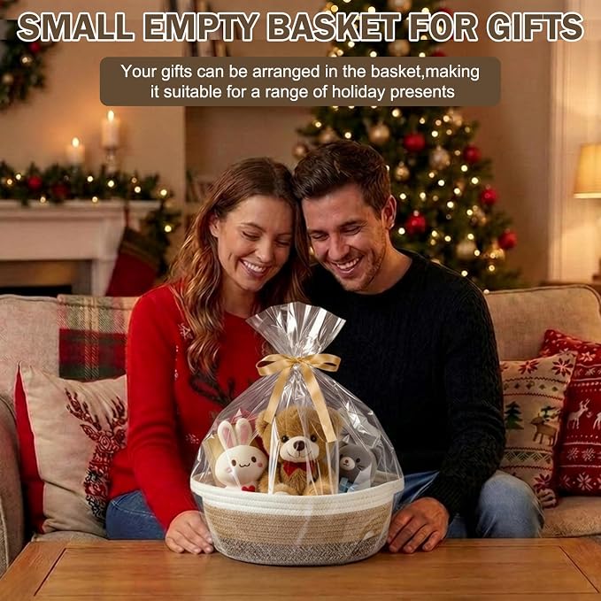 Basket for Gifts Empty, Small Woven Basket with Bags and Ribbons, Baby Toy Baskets with Handles, Wicker Storage Bin for Baby Showers or Pet Toy (White-Brown Gradient, 1 Pack (12"x 8"x 3.74"))