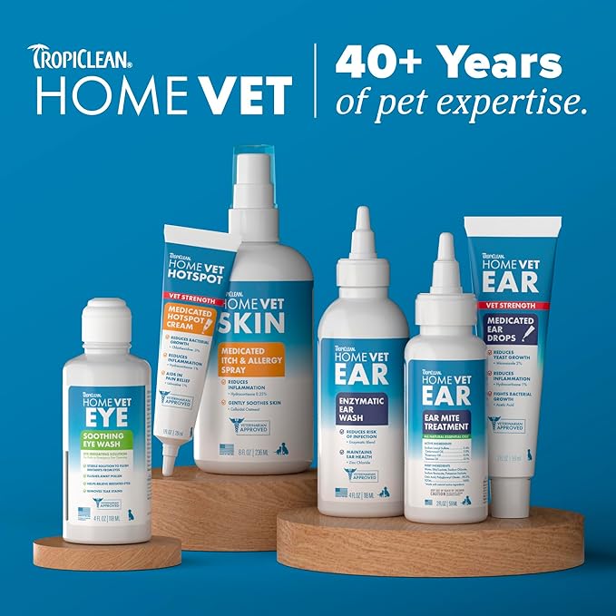 TropiClean HomeVet Medicated Dog Ear Drops, Vet Recommended Daily Dog Ear Cleaner, Fungal & Yeast Treatment, USA Made, 2 oz
