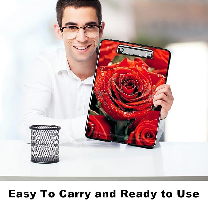 Heavy Duty Storage Clipboard, Slim Nursing Clipboard with Internal Pen Case, Portable File Organizer Case for A4 Letter Size Paper Office Medical Professionals, Red Rose