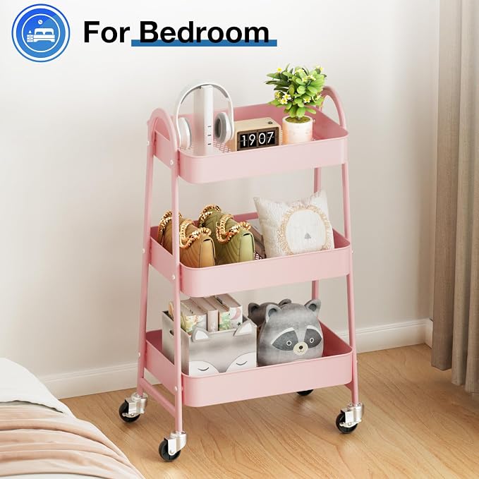 OLIXIS Metal 3 Tiers Rolling Storage Utility Cart with Lockable Wheels | Mobile Organizer Shelf, Space-Saving, Freestanding, Bathroom, Living Room, Slim, Narrow Corner Spaces, Pink