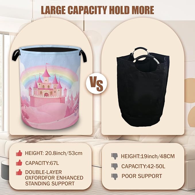 Pink Castle Laundry Basket,Waterproof Foldable Rainbow Laundry Hamper,Dirty Clothes Laundry Basket,Linen Bin Storage Organizer Collection 16" x 20.8"