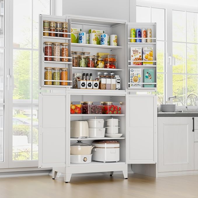 White Kitchen Pantry Storage Cabinet, 75" Metal Storage Cabinet | Steel Storage with Doors and 3 Adjustable Shelves, Metal Freestanding Buffet Cupboards Sideboard, for Office, Home, School