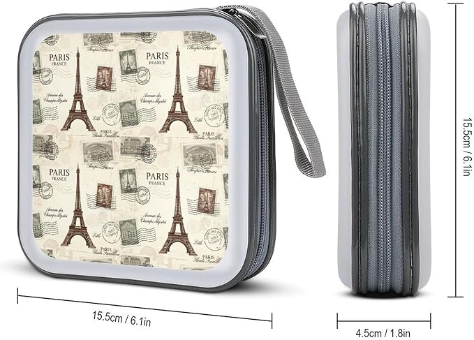 Portable Protective CD Holder Eiffel Tower, 40-Disc Hard Case with Zipper, Storage Binder for Music Movies Game Collections