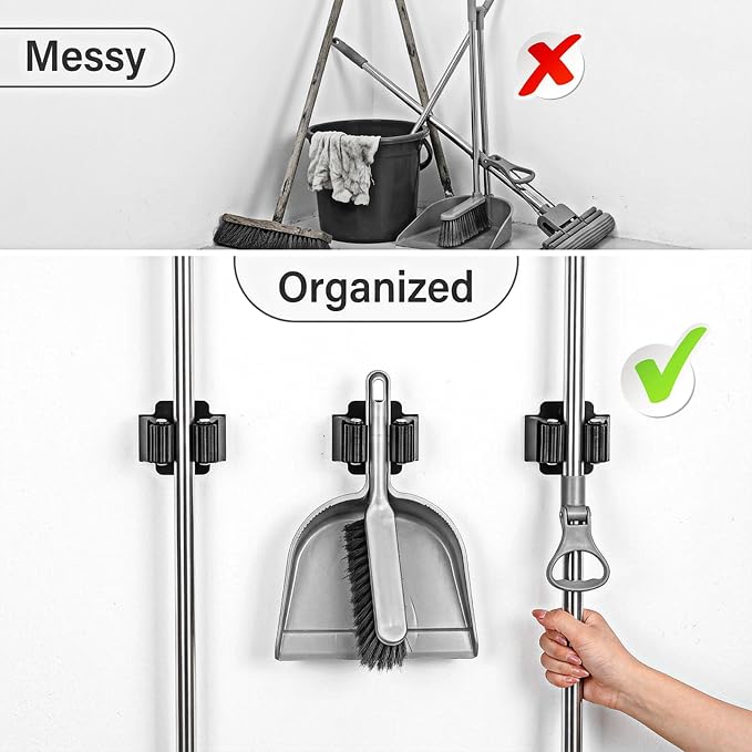 24Pcs Mop and Broom Holder Wall Mount with Screws Matte Black | Heavy Duty Garden Tool Organizer Rack Broom Hanger, Stainless Steel Mop Hanger Wall Mounted for Space Saving